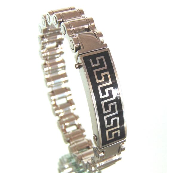 Stainless Steel Bicycle Chain MENS BRACELET Black Onyx Silver Inlay Greek Key - Picture 1 of 10